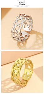 Detail of woven knot adjustable rings in gold and silver finish with hollow geometric patterns