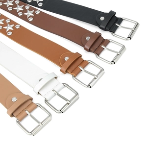 Five punk style PU leather belts with star and round rivets on a clean white background