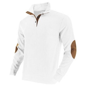 Detail of white rib-knit sweater featuring brown elbow patches and buttoned collar