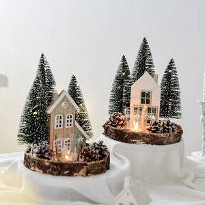 Christmas Wooden House Glowing Ornament Miniature Cedar Tree Pine Cone Glass Candle Holder Tabletop Decoration Warm Festive