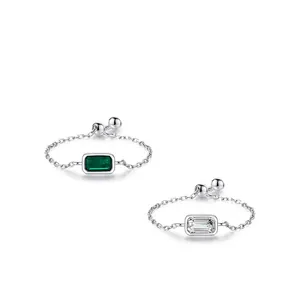 Minimalist S925 sterling silver chain ring with emerald-cut cubic zirconia and adjustable band