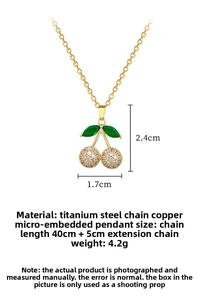 Detail showing dimensions of cherry pendant necklace with green leaf and cubic zirconia
