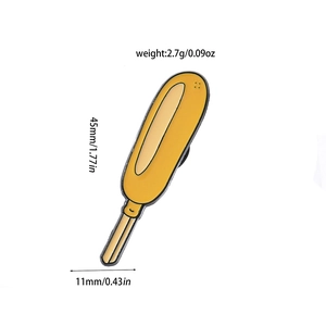 Detailed view of hot dog enamel pin showing dimensions 45mm x 11mm and 2.7g weight