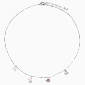 Detailed view of silver space charms including astronaut and rocket on a thin chain