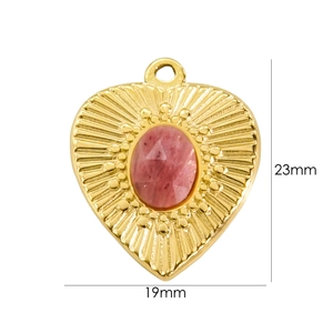 Detailed size specifications for heart pendant with pink stone, 23mm height and 19mm width