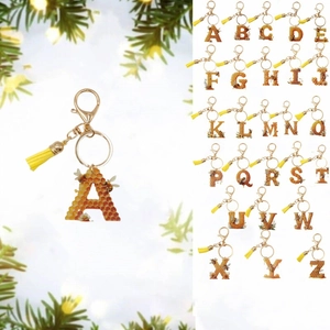 A-Z Alphabet Keychain 2D Acrylic Honeycomb Bee Pattern With Yellow Tassel Golden Lobster Clasp Fashion Bag Pendant