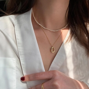 925 Sterling Silver layered necklace with oval donut pendant and pearl chain