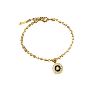 Golden titanium steel beaded bracelet with roman ring pendant and diamonds on white background