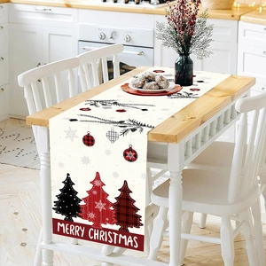 Christmas Table Runner Red Black Plaid Tree Ornament Polyester Festive Holiday Dining Room Party Table Decoration Merry Christmas
