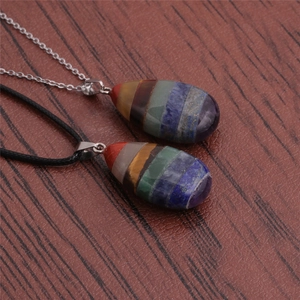 Colorful chakra gemstone teardrop pendants on silver chain and black cord necklace