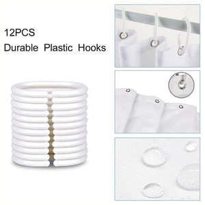 Set of 12 durable white plastic C-shaped shower curtain hooks for easy installation