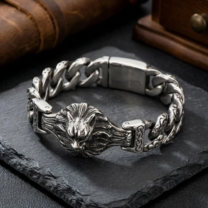 Men Vintage 316L Stainless Steel Bracelet Retro Wolf Head Skull Punk Rock Gothic Biker Cuban Link Chain Jewelry