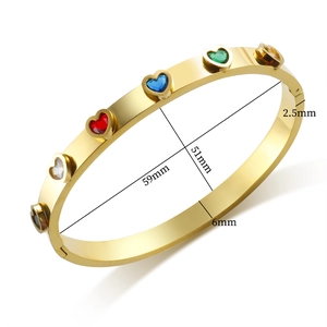 Gold stainless steel heart-shaped gemstone bangle with multi-color zircon inlay
