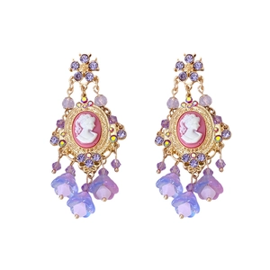 Vintage gold earrings with pink relief portrait and purple rhinestone flower tassels
