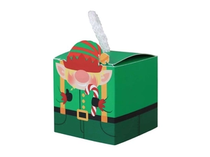 Close-up of small green Christmas gift box with elf pattern and white handle rope