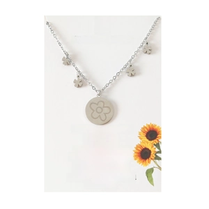 Silver stainless steel sunflower pendant necklace with engraved floral charms on card