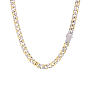 Collier chaîne cubaine bicolore en acier inoxydable argent et or avec fermoir rectangulaire