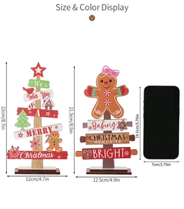 Size display of wooden Christmas tree and gingerbread man tabletop ornaments