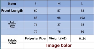 Detailed size chart for polyester knit top with bust, length, shoulder, and waist measurements