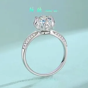 Macro detail of 925 silver ring with 1ct moissanite stone in lotus claw setting