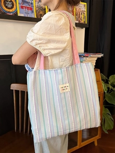 Borsa tote in tela a righe blu con manici rosa e stile college per studentesse