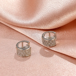 Sparkling S925 sterling silver hoop earrings with clear zircon stones on pink silk