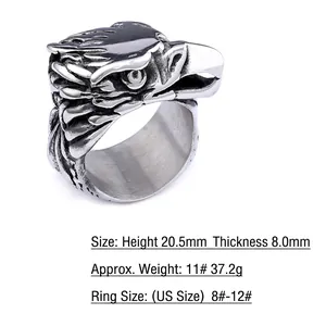 Vintage eagle ring for men in stainless steel with retro carved textures and silver finish