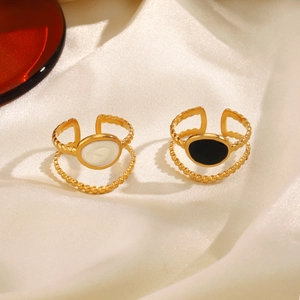 Minimalist 18K gold plated stainless steel rings with white shell and black enamel