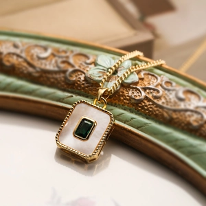 18K gold plated necklace with shell rectangle pendant and emerald green zircon stone
