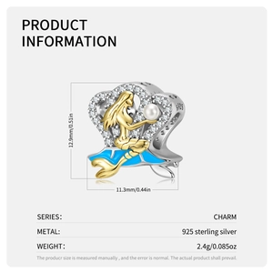925 sterling silver mermaid charm with blue enamel tail and pearl for DIY jewelry