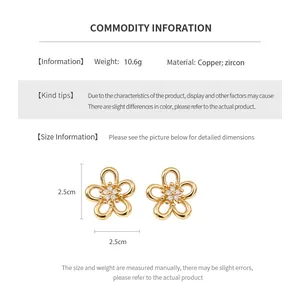 Size chart showing gold flower earrings with white zircon, 2.5cm size and 10.6g weight
