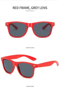 Front and 45-degree angle view of classic red square frame sunglasses with dark grey lenses
