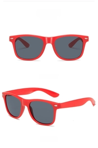 Front and 45-degree angle view of classic red square frame sunglasses with dark grey lenses