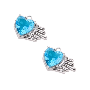 Elegant silver heart pendant with blue gemstone and angel wings on white background