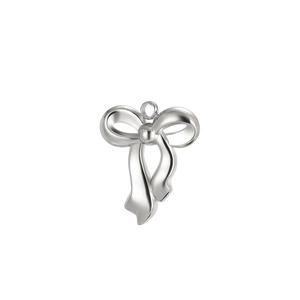 Polished silver stainless steel bow pendant with hanging ring on white background