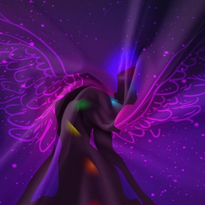 Close-up of soft purple tapestry fabric with chakra tree print and mystical wings