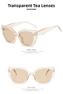 Front and side view of cat eye sunglasses with transparent tea frames and tinted lenses