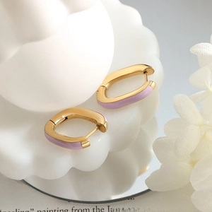 Elegant gold-tone titanium steel U-shaped earrings with lavender enamel finish
