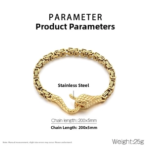 Golden stainless steel Byzantine chain bracelet with detailed snake head clasp and specs