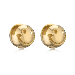 Detailed close-up of gold-plated geometric smiley face stud earrings on a white background