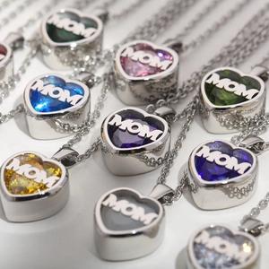 Polished stainless steel MOM heart necklaces with colorful birthstones for Mother's Day
