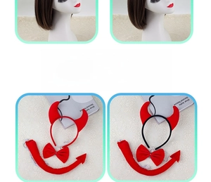 Detailed view of 3-piece Halloween devil set with red horns headband, bowtie, and tail
