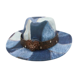 Vintage denim patchwork cowboy hat with heart buckle and rhinestone studded leather band