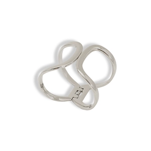 Macro view of silver geometric hollow bangle with polished mirror finish and hinge closure