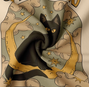 Close-up of high-quality twill fabric texture on a retro black cat tapestry