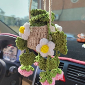 Handmade knitted hanging basket flower car rearview mirror pendant car interior decor