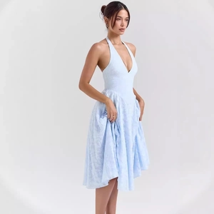 Elegant light blue halter neck A-line midi dress with textured fabric for women