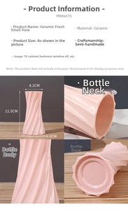 Macro shot of pink ceramic vase with a spiral texture showing dimensions and matte finish