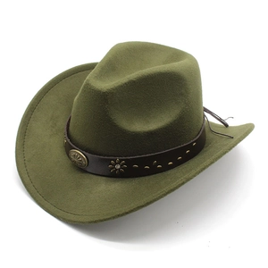 Detail of olive green felt cowboy hat with brown belt and vintage floral metal studs