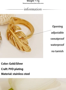 Detailed PVD plated leaf shape ring specifications and stainless steel material info